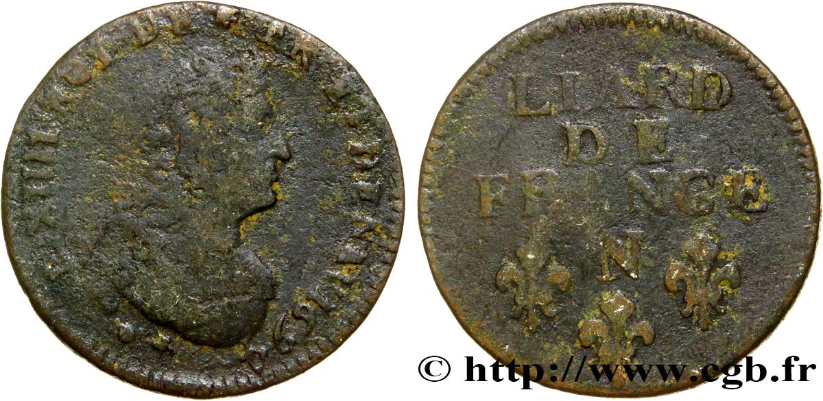 LOUIS XIV  THE SUN KING  Liard, 3e type, buste âgé 1694 Montpellier F