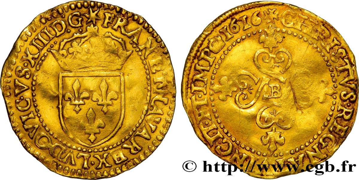 LOUIS XIII  Écu d or au soleil, à la croix anillée fleurdelisée 1616 Rouen fSS