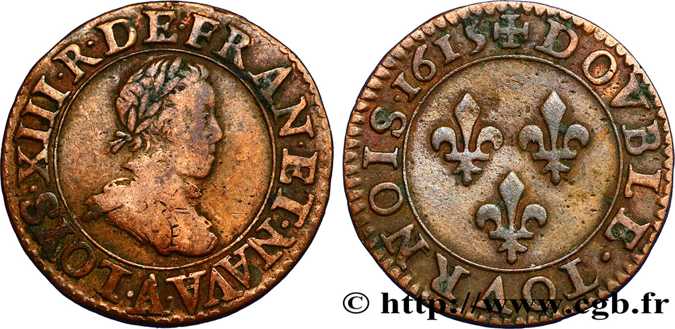 LOUIS XIII LE JUSTE Double tournois, type 1 1615 Paris, Moulin du Louvre TB+/TTB