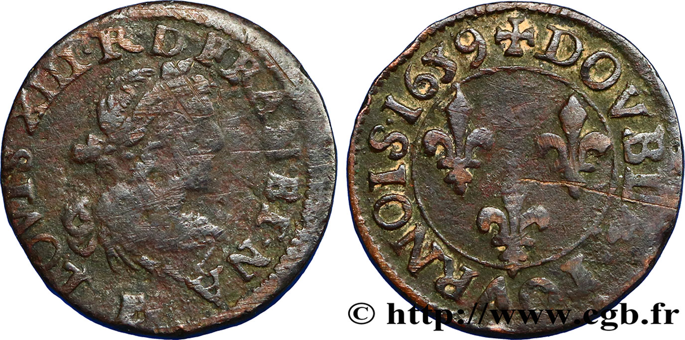 LOUIS XIII LE JUSTE Double tournois, 19e type 1639 Tours TB+