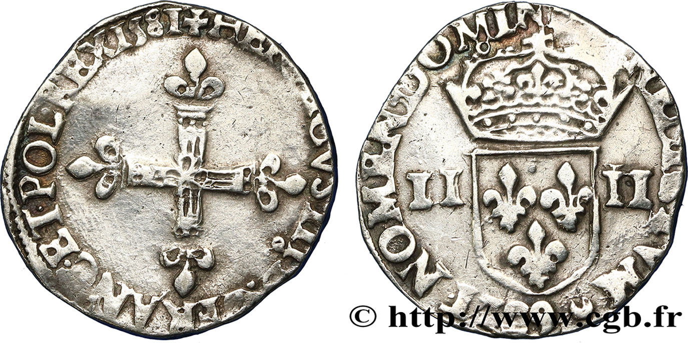 HENRI III Quart d écu, croix de face 1581 Rennes TB+