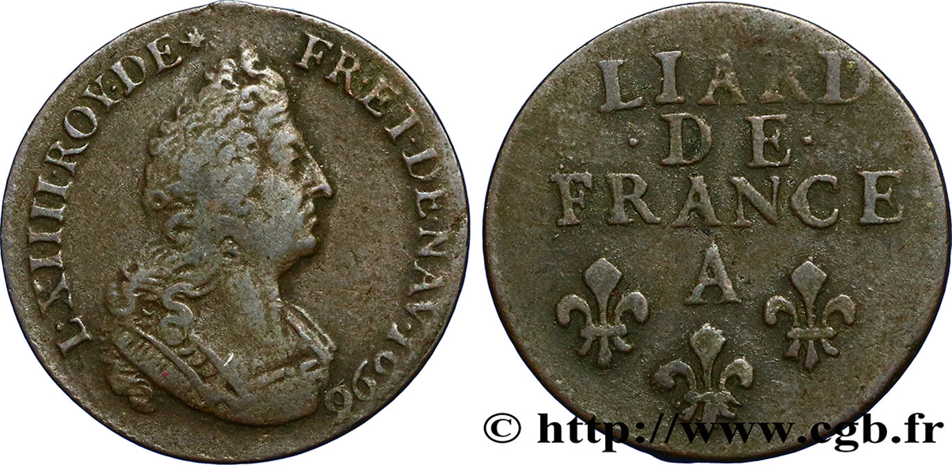 LOUIS XIV LE GRAND OU LE ROI SOLEIL Liard, 3e type, buste âgé 1696 Paris TB+