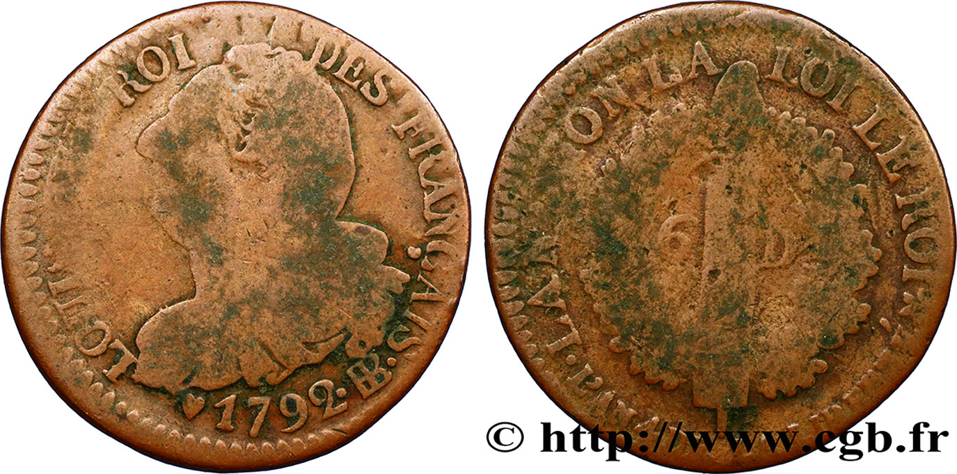 LOUIS XVI 6 deniers dit au faisceau , type FRANÇAIS 1792 Strasbourg F