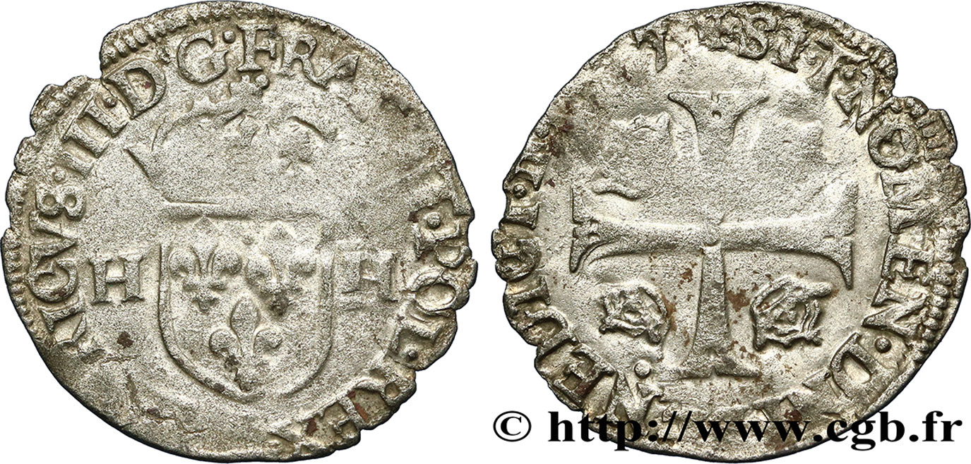 HENRY III Douzain aux deux H, 1er type 1577 Troyes VF