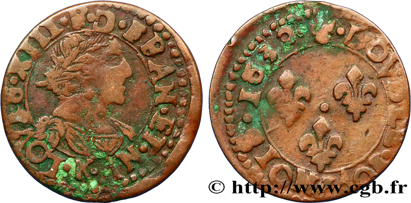 LOUIS XIII LE JUSTE Double tournois, type 14 1639 Bordeaux TB+