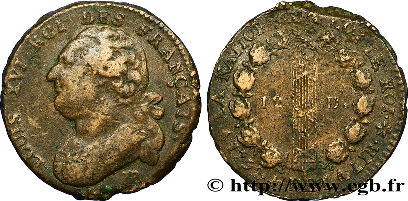 LOUIS XVI (MONARQUE CONSTITUTIONNEL) 12 deniers dit au faisceau , type FRANÇAIS 1792 Strasbourg TB+