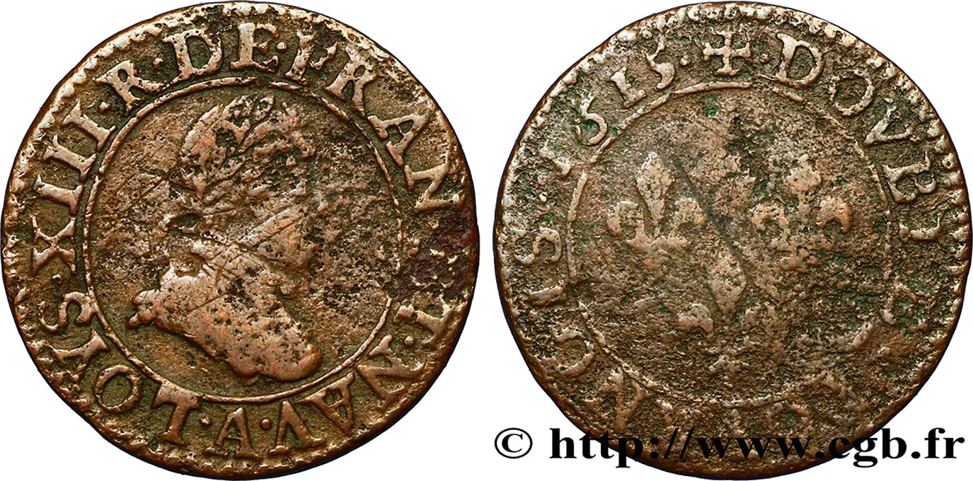 LOUIS XIII LE JUSTE Double tournois, type 1 1615 Paris, Moulin du Louvre TB