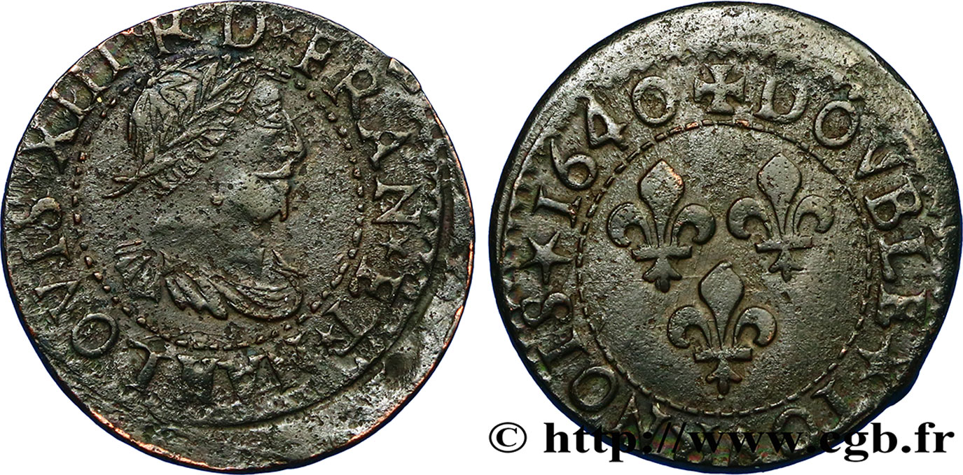 LOUIS XIII LE JUSTE Double tournois, 15e type de La Rochelle 1640 La Rochelle TTB