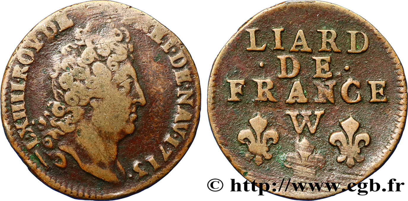 LOUIS XIV LE GRAND OU LE ROI SOLEIL Liard de France au buste nu 1713 Lille TB+/TTB