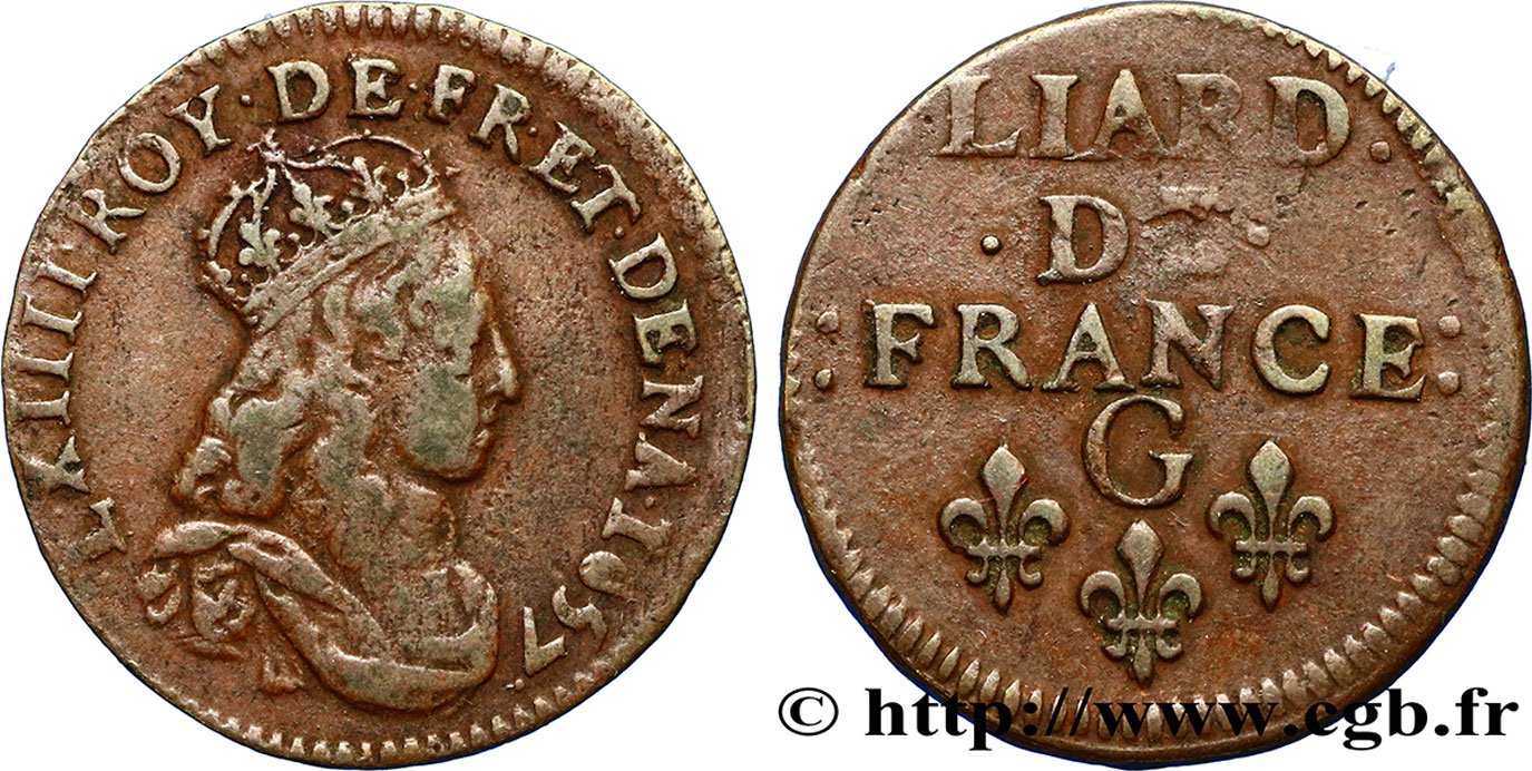 LOUIS XIV LE GRAND OU LE ROI SOLEIL Liard de cuivre, 2e type 1657 Lusignan TB+