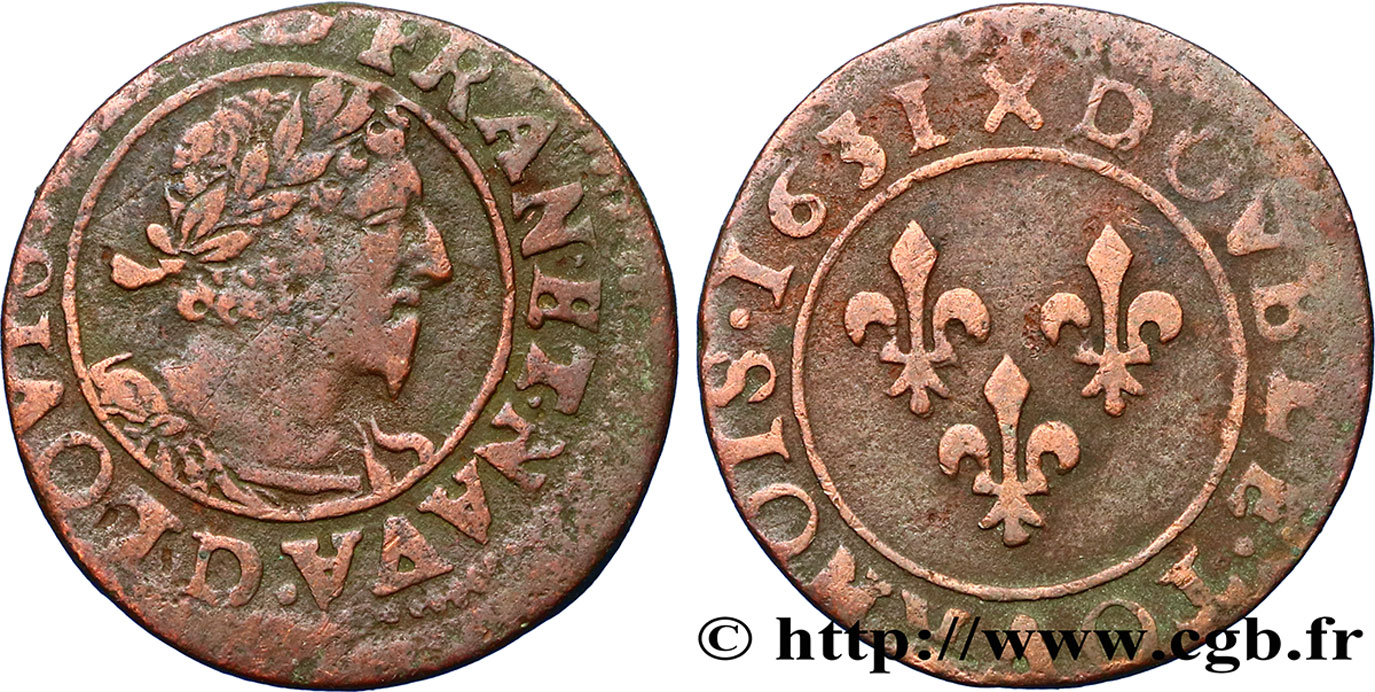 LOUIS XIII  Double tournois, type 7 de Lyon, buste viril barbu et drapé 1631 Lyon BC+