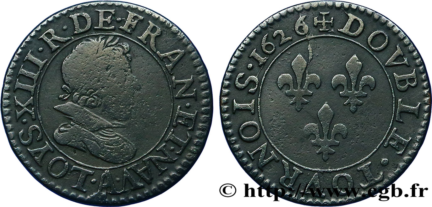 LOUIS XIII  Double tournois, 3e type 1626 Paris q.BB