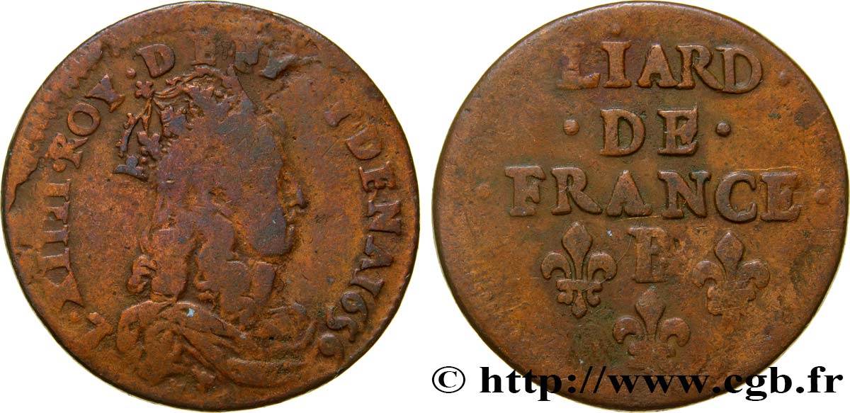 LOUIS XIV  THE SUN KING  Liard de cuivre, 2e type 1656 Acquigny S