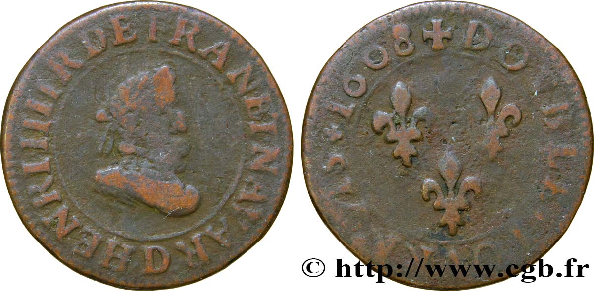 HENRY IV Double tournois, 1er type 1608 Lyon MB