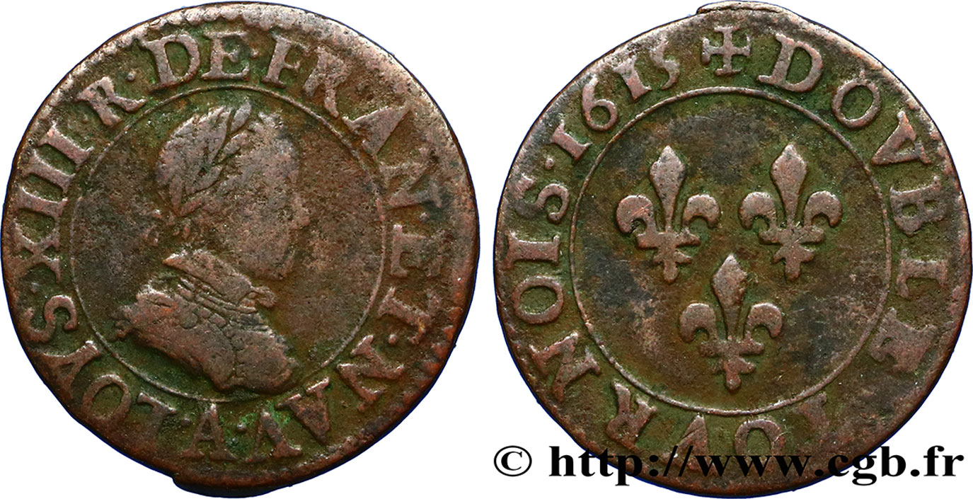 LOUIS XIII LE JUSTE Double tournois, type 1 1615 Paris, Moulin du Louvre TB