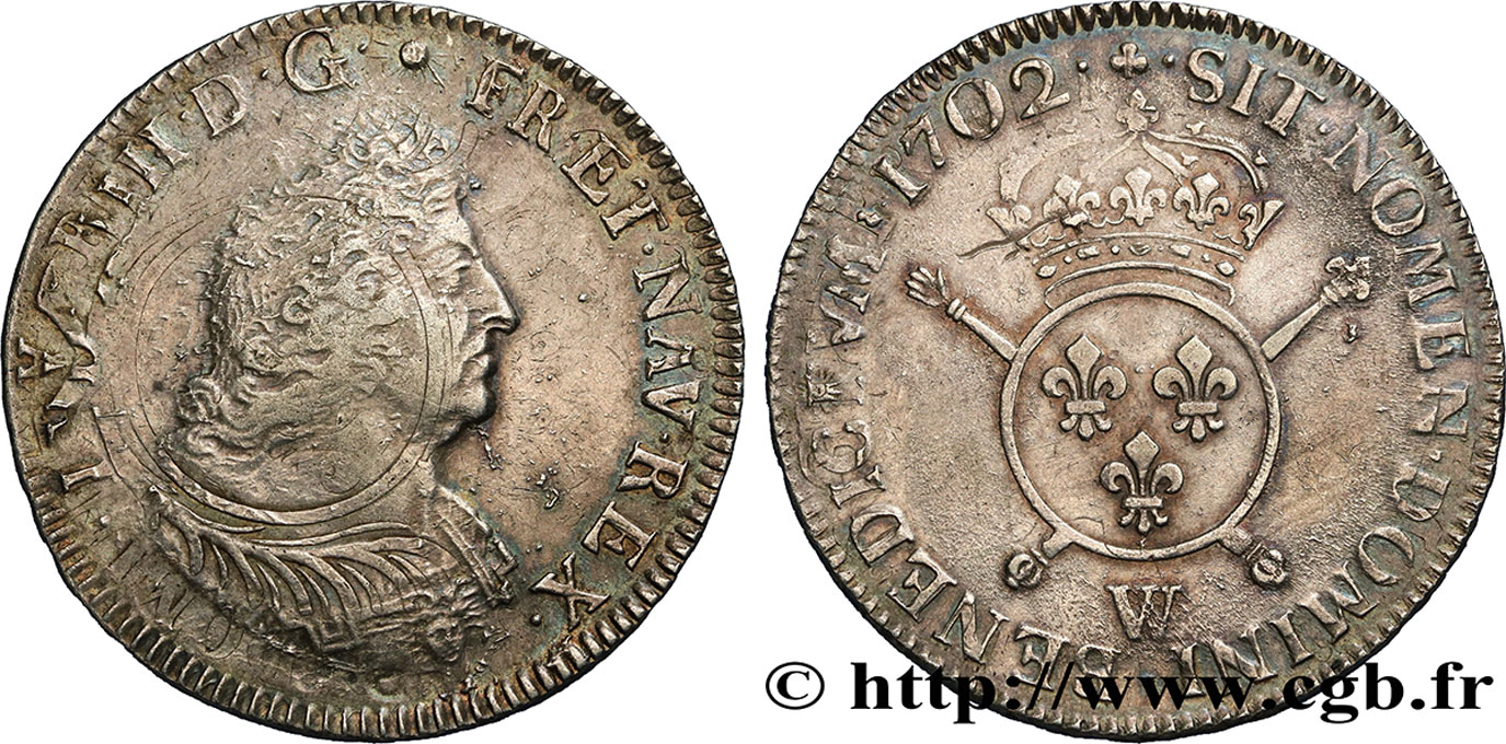 LOUIS XIV  THE SUN KING  Écu aux insignes 1702 Lille XF
