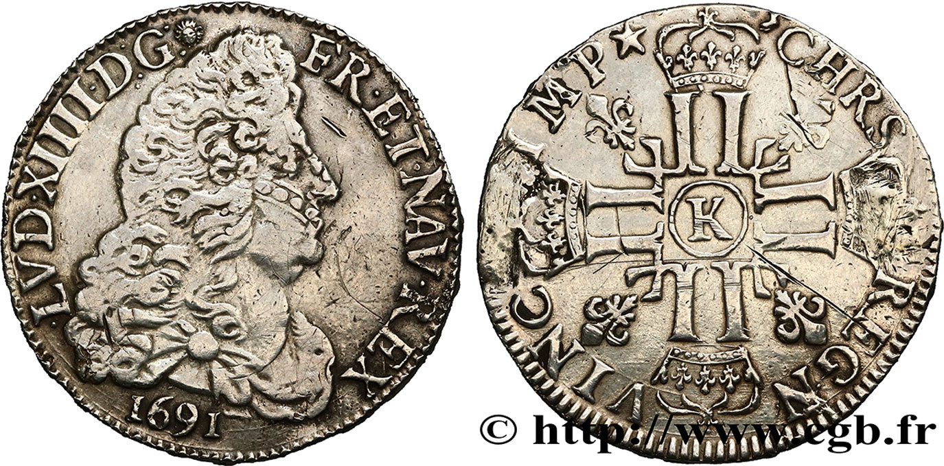 LOUIS XIV  THE SUN KING  Demi-écu aux huit L, 1er type 1691 Bordeaux BC+