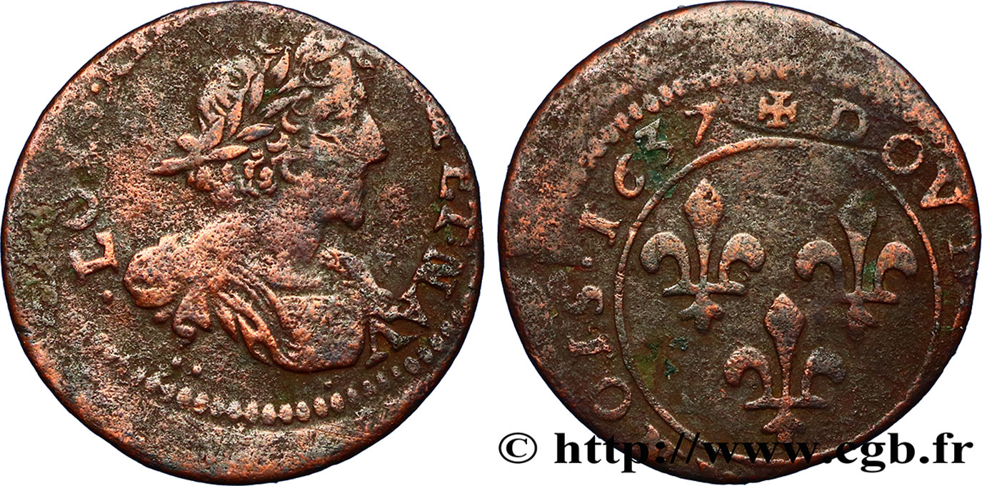 LOUIS XIII LE JUSTE Double tournois 1637 Vallée du Rhône TB
