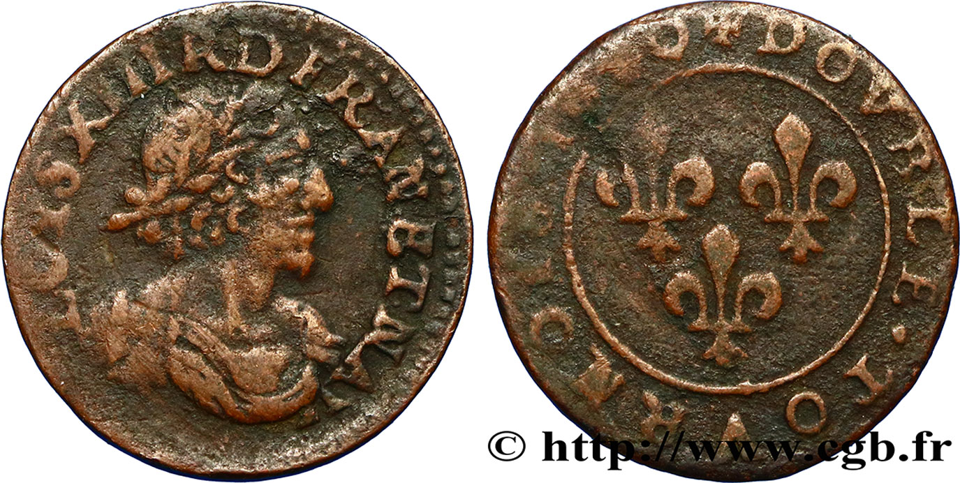 LOUIS XIII LE JUSTE Double tournois 1640 Vallée du Rhône TB