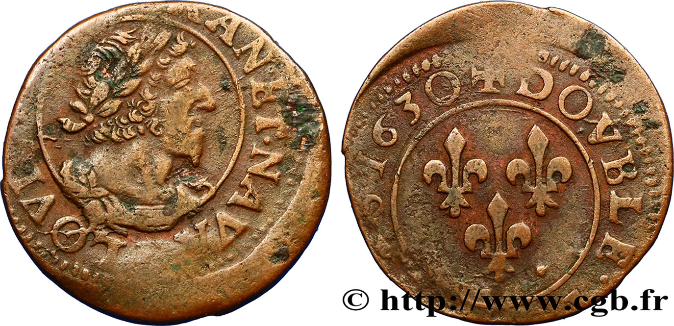LOUIS XIII  Double tournois, type 7 de Lyon, buste viril barbu et drapé 1630 Lyon BC