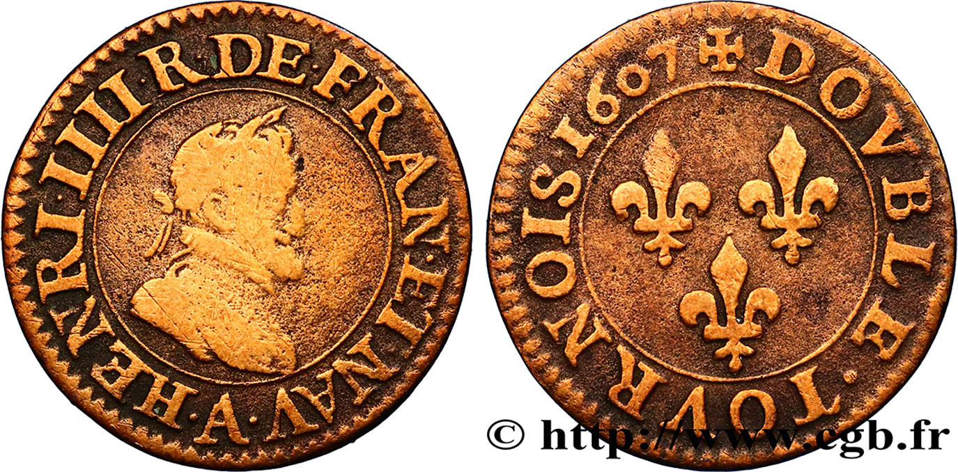 HENRY IV Double tournois, 2e type de Paris (légende française) 1607 Paris, Moulin des Étuves VF