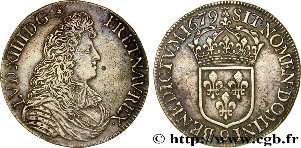 LOUIS XIV  THE SUN KING  Écu, portrait à la cravate courte 1679 Rennes BB/q.SPL