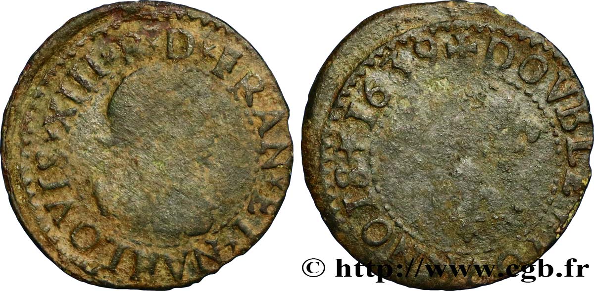 LOUIS XIII LE JUSTE Double tournois, 15e type de La Rochelle 1639 La Rochelle TB+