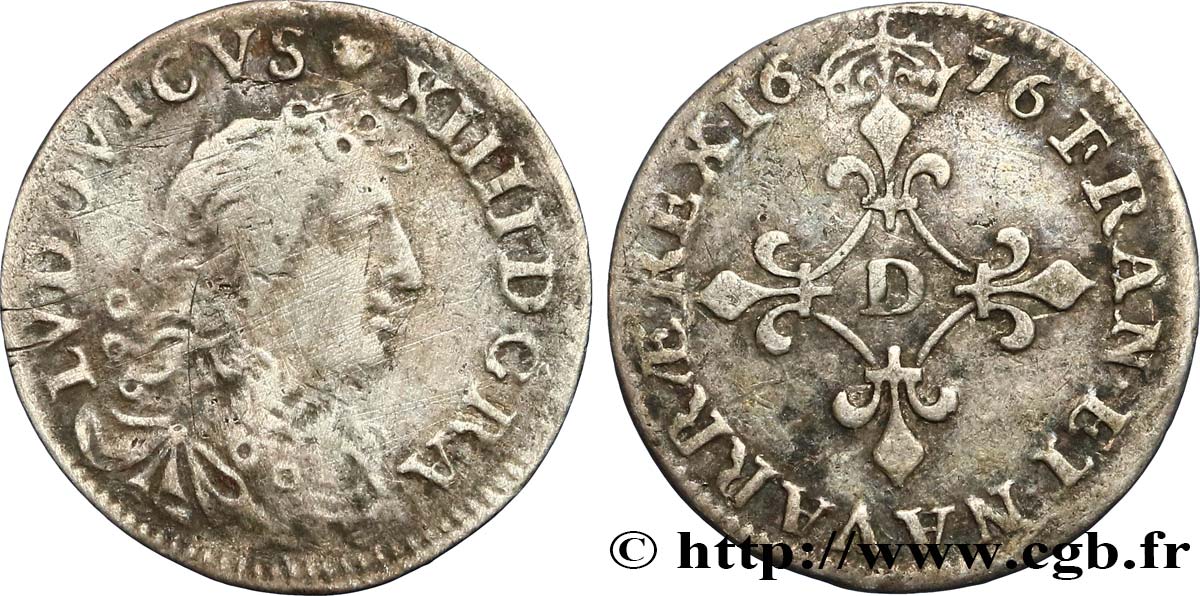 LOUIS XIV LE GRAND OU LE ROI SOLEIL Quatre sols à la croix formée de lis 1676 Vimy-en-Lyonnais (actuellement Neuville-sur-Saône) TB/TB+