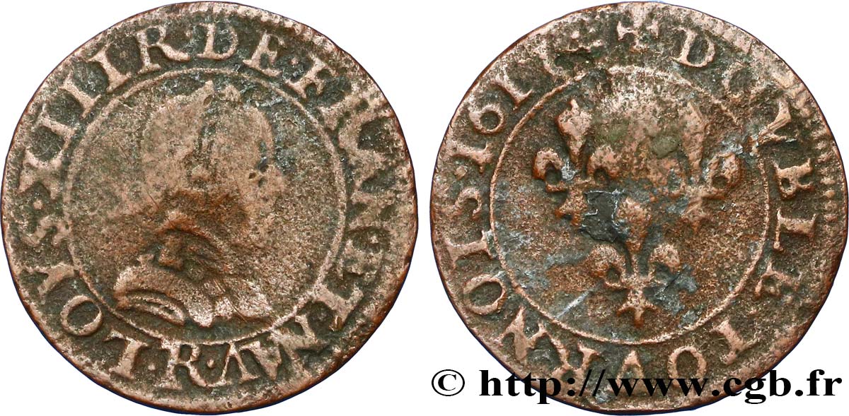 LOUIS XIII LE JUSTE Double tournois, buste adolescent, type 1 1617 Saint-André de Villeneuve-lès-Avignon B+