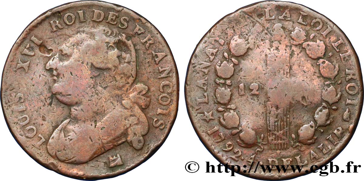 LOUIS XVI (MONARQUE CONSTITUTIONNEL) 12 deniers dit au faisceau , type FRANCOIS 1792 Marseille B