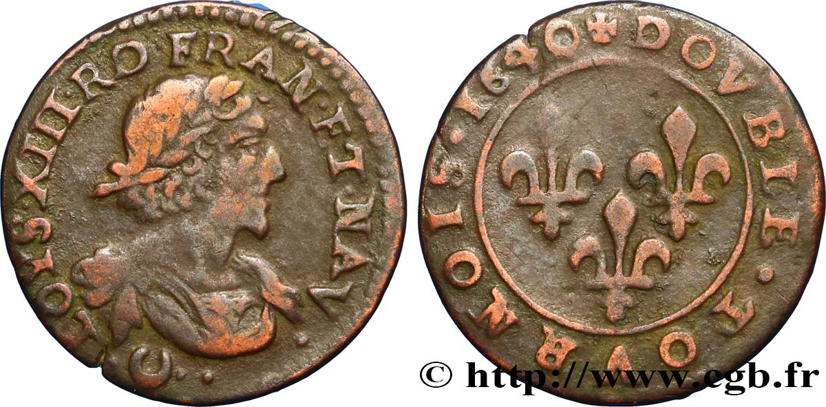 LOUIS XIII LE JUSTE Double tournois 1640 Vallée du Rhône TB