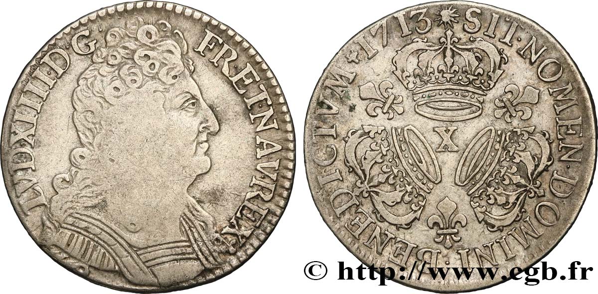 LOUIS XIV  THE SUN KING  Demi-écu aux trois couronnes 1713 Amiens VF/XF
