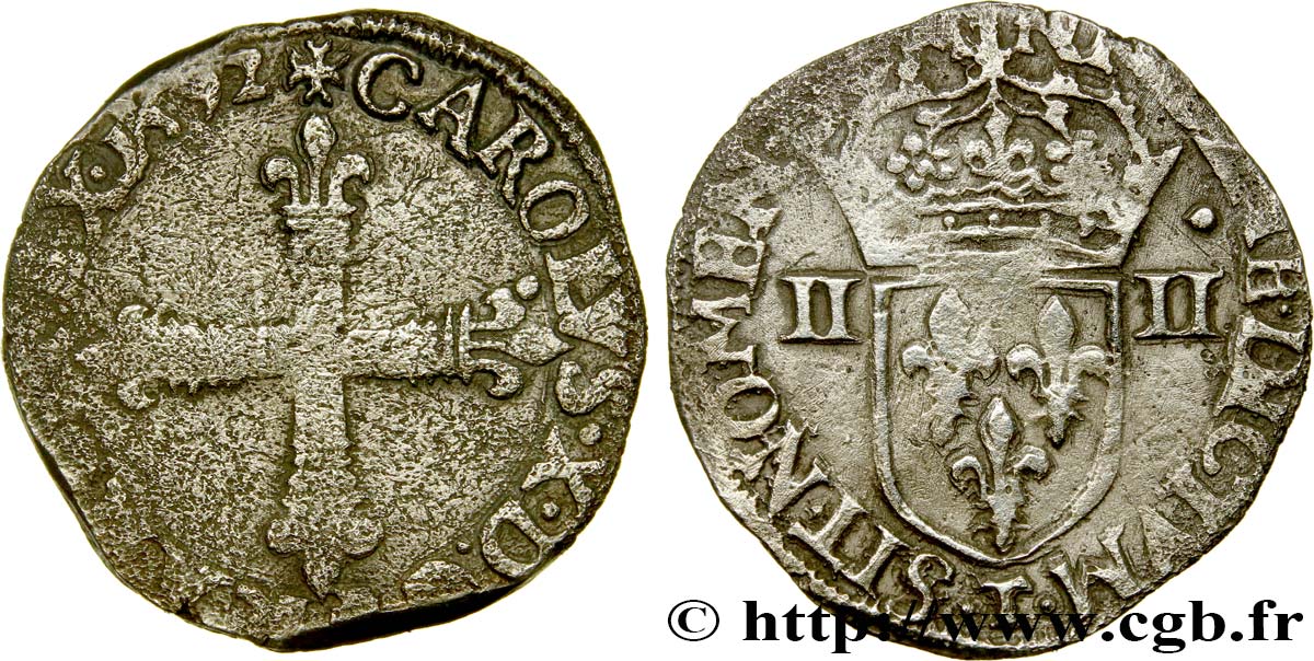 CHARLES X, CARDINAL DE BOURBON Quart d écu, croix de face 1592 Nantes TB/TB+