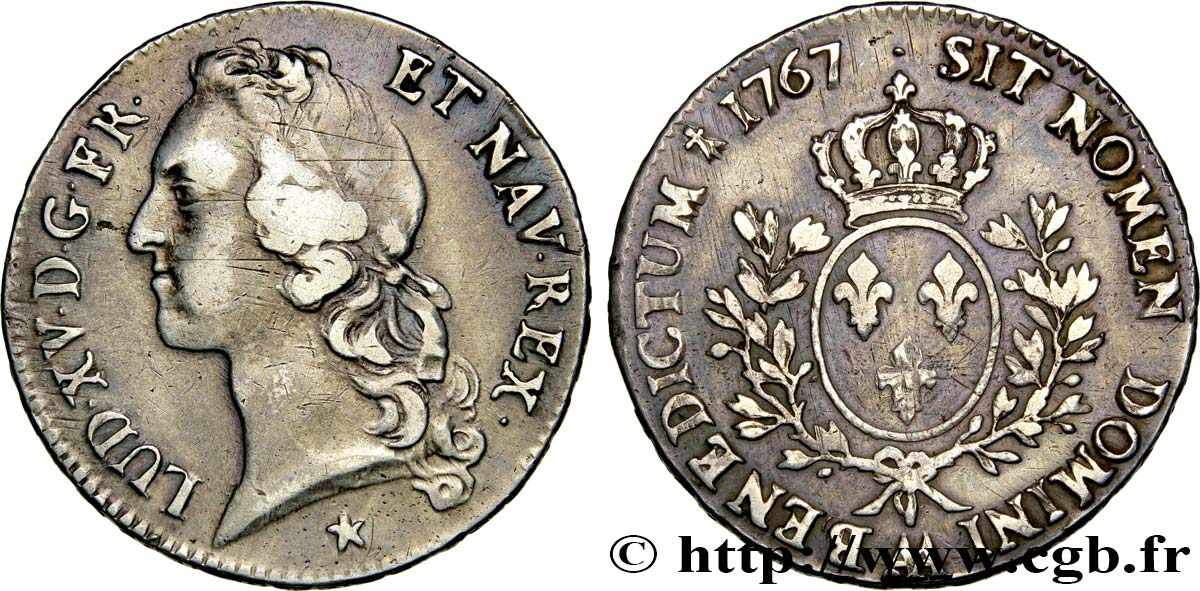 LOUIS XV  THE WELL-BELOVED  Écu aux branches d’olivier, tête ceinte d’un bandeau 1767 Metz q.BB/BB
