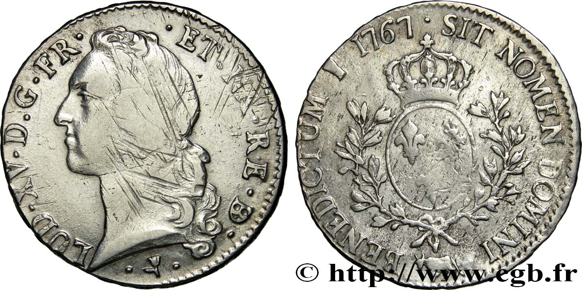 LOUIS XV  THE WELL-BELOVED  Écu aux branches d’olivier, tête ceinte d’un bandeau 1767 Pau fSS/SS