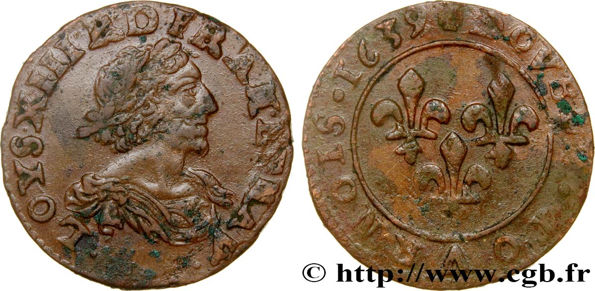 LOUIS XIII LE JUSTE Double tournois au grand buste viril drapé 1639 Vallée du Rhône TB+