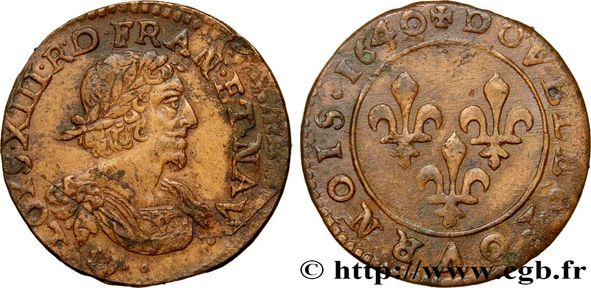 LOUIS XIII LE JUSTE Double tournois 1640 Vallée du Rhône TTB