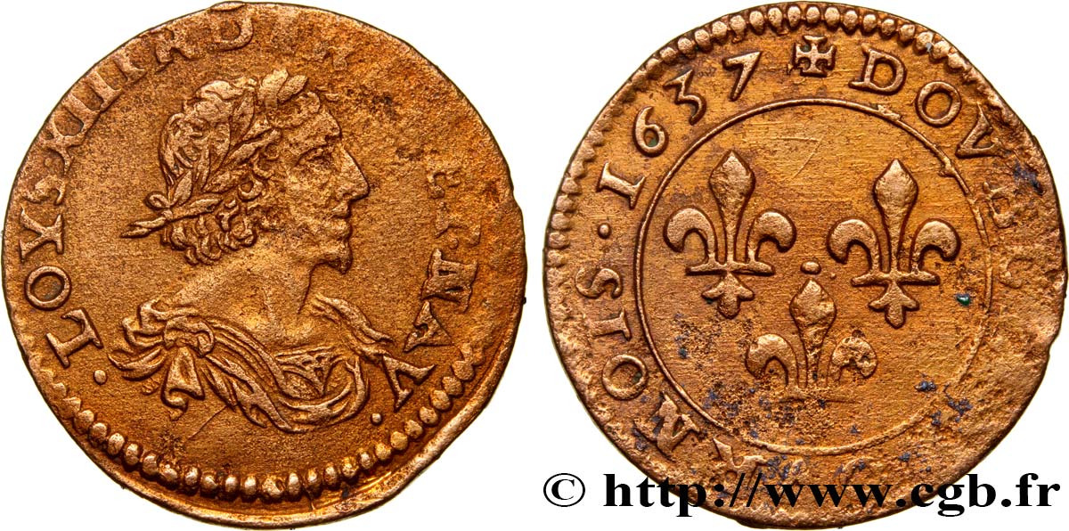 LOUIS XIII LE JUSTE Double tournois 1637 Vallée du Rhône TB+