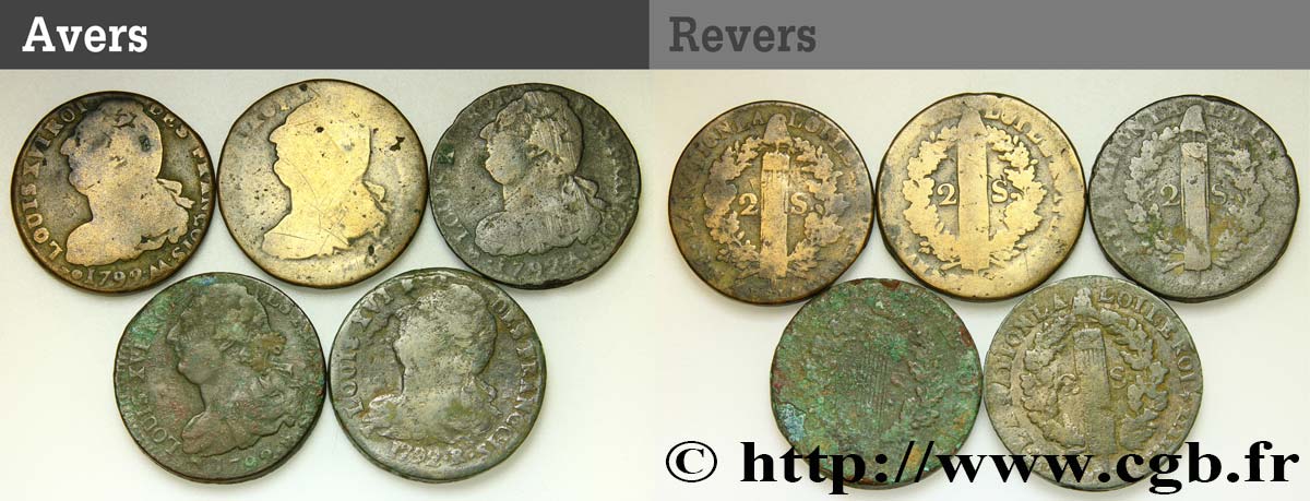 LOUIS XVI (MONARQUE CONSTITUTIONNEL) Lot de cinq pièces de 2 sols dit au faisceau , type FRANÇOIS n.d. s.l. B+