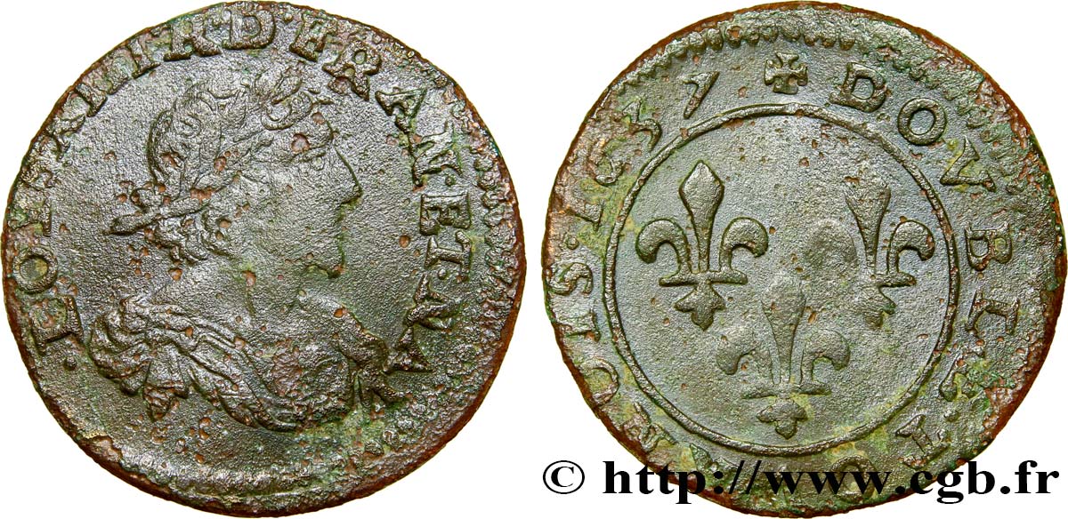 LOUIS XIII LE JUSTE Double tournois 1637 Vallée du Rhône TB