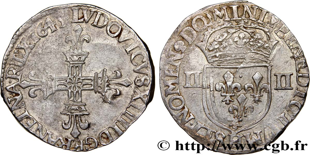 LOUIS XIV  THE SUN KING  Quart d écu, titulature côté croix 1645 La Rochelle SS