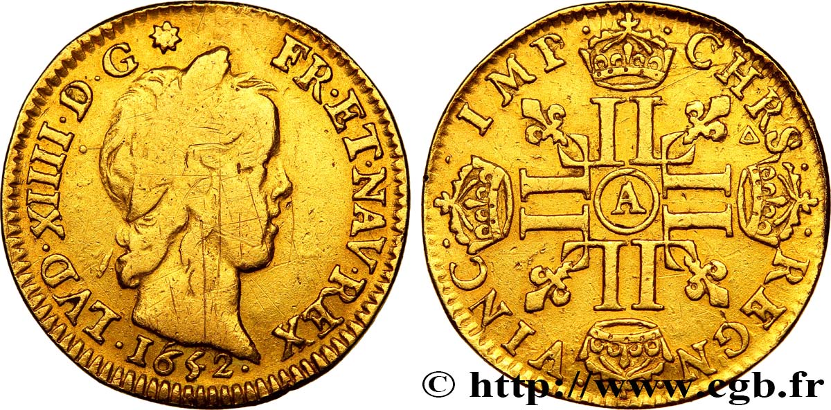 LOUIS XIV  THE SUN KING  Demi-louis d’or aux huit L, portrait à la mèche longue 1652 Paris fSS/SS
