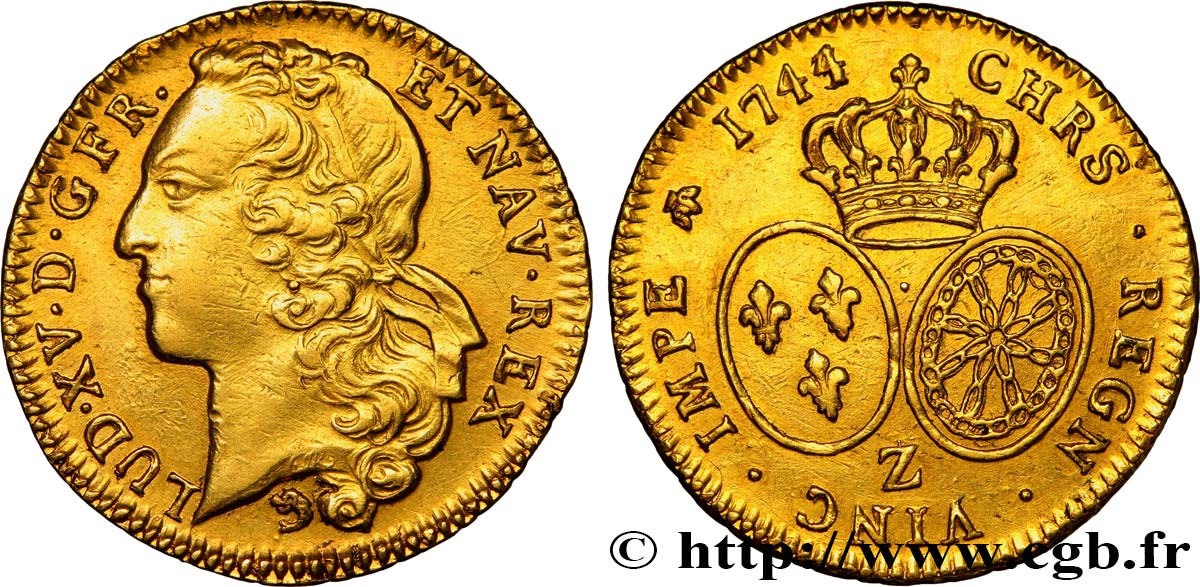 LOUIS XV DIT LE BIEN AIMÉ Double louis d’or aux écus ovales, tête ceinte d’un bandeau 1744 Grenoble TTB+/SUP