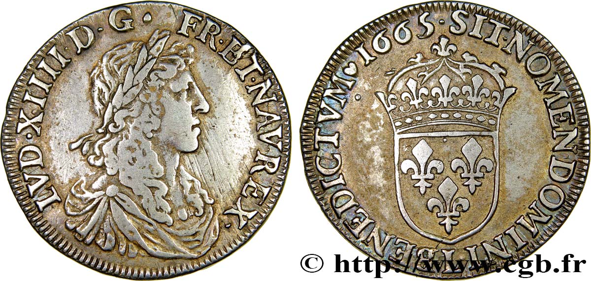 LOUIS XIV  THE SUN KING  Demi-écu, portrait apollinien 1665 Bayonne q.BB/BB