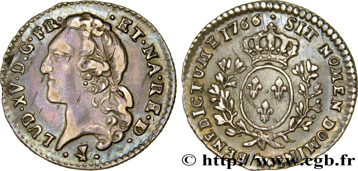 LOUIS XV THE BELOVED Dixième d écu aux branches d’olivier, tête ceinte d’un bandeau 1766 Pau AU/AU