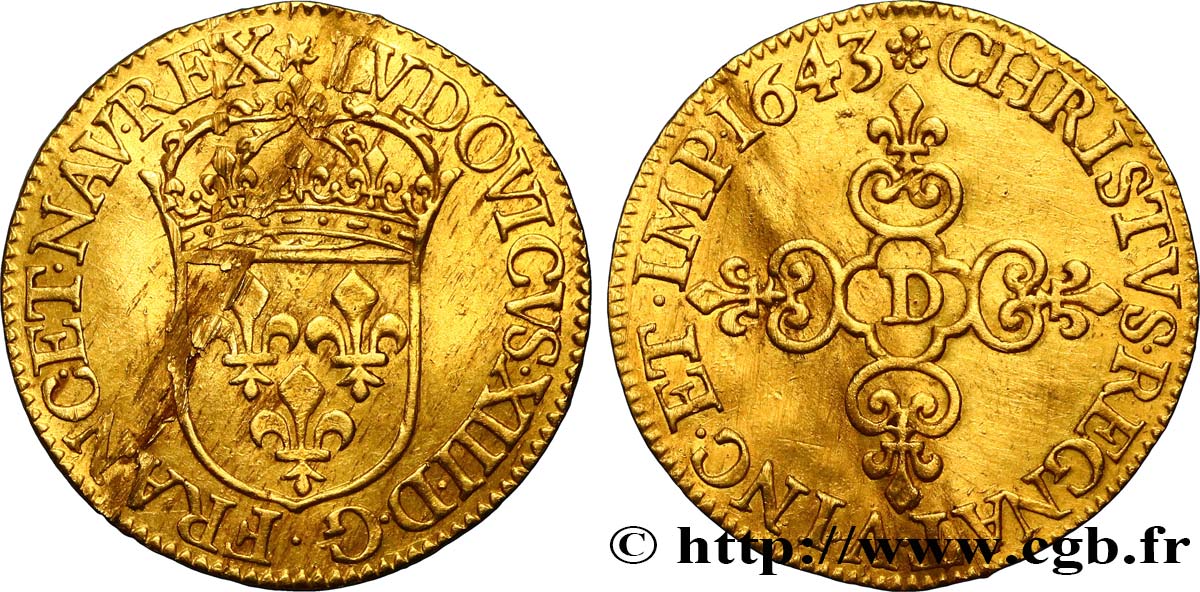 LOUIS XIII  Écu d or au soleil, à la croix anillée fleurdelisée 1643 Lyon q.SPL