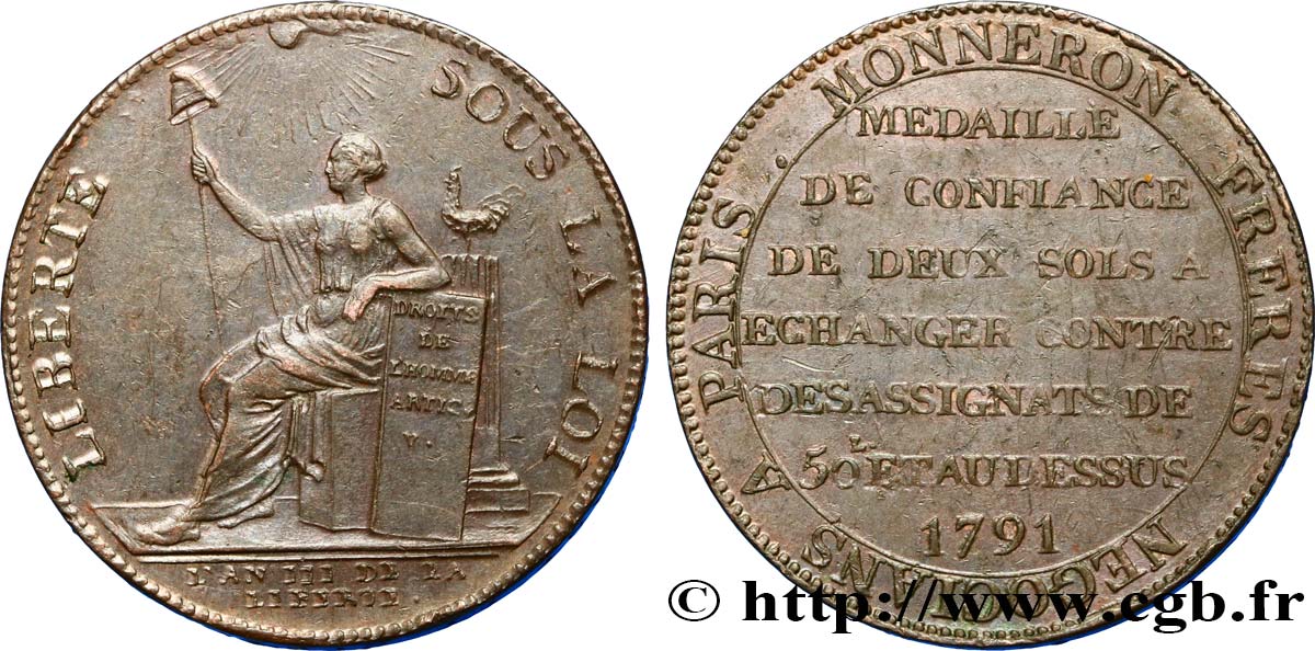 CONFIANCE (MONNAIES DE...) Monneron de 2 sols à la Liberté 1791 Birmingham, Soho TTB