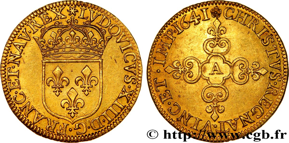 LOUIS XIII LE JUSTE Écu d or au soleil, à la croix anillée fleurdelisée 1641 Paris, Monnaie du Louvre SUP