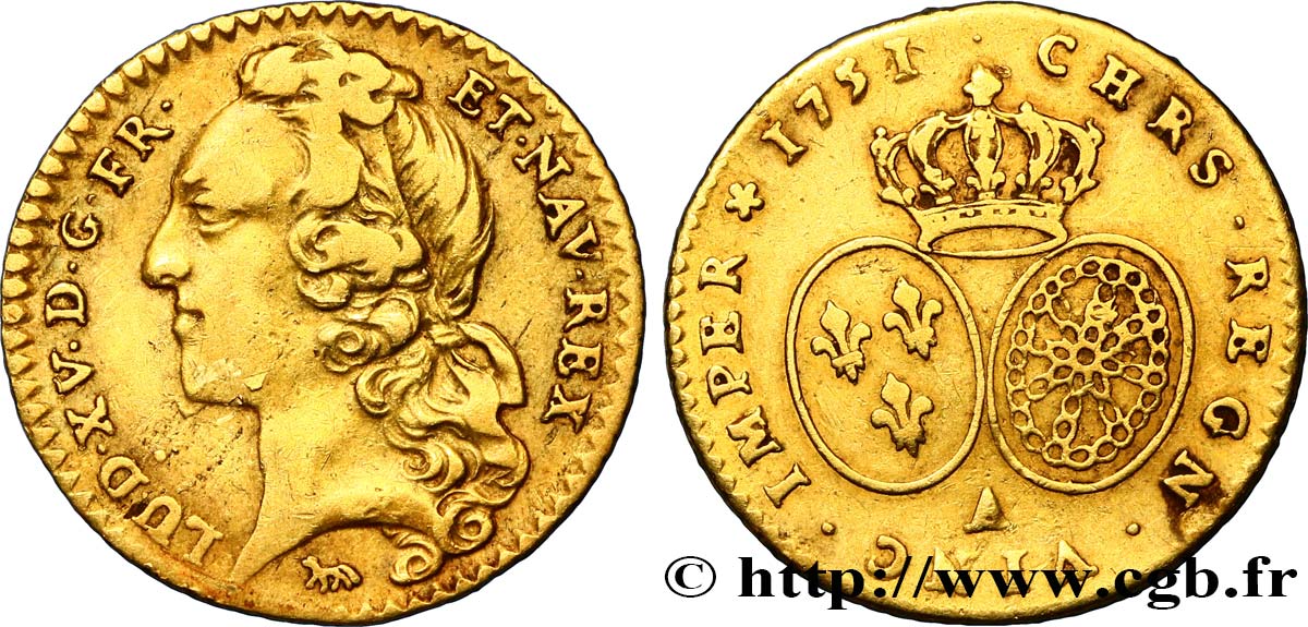LOUIS XV THE BELOVED Demi-louis d’or aux écus ovales, tête ceinte d’un bandeau 1751 Paris XF/VF