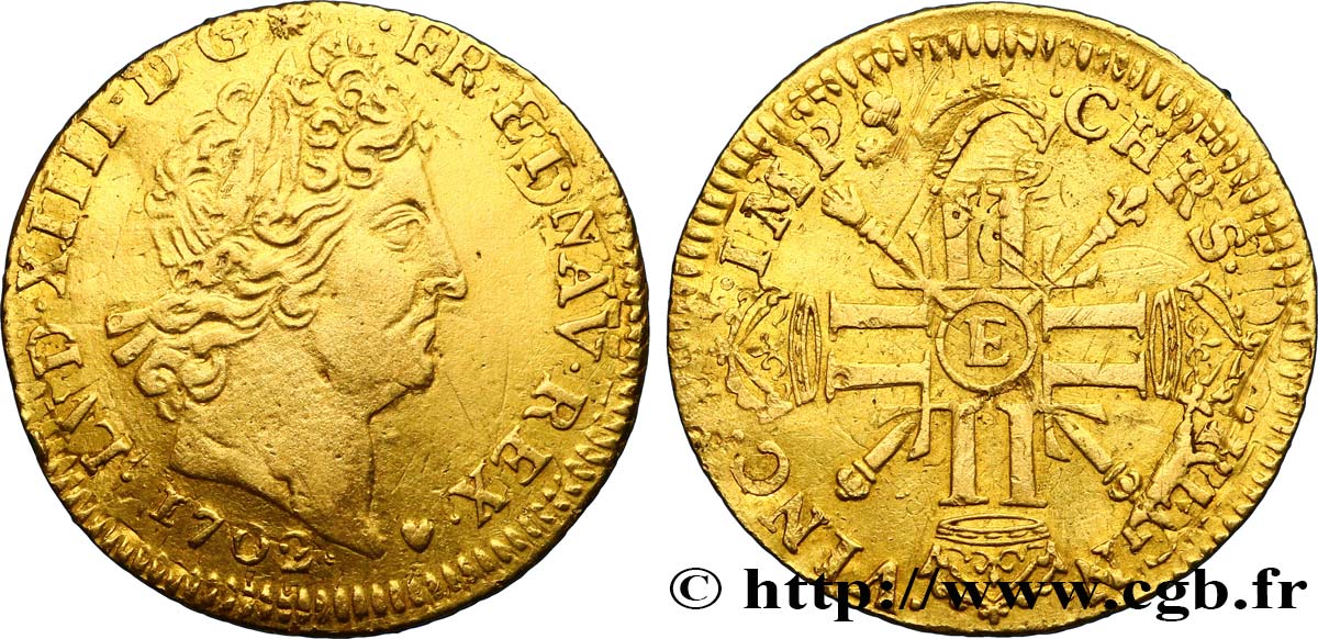 LOUIS XIV  THE SUN KING  Louis d’or aux huit L et aux insignes 1702 Tours VF